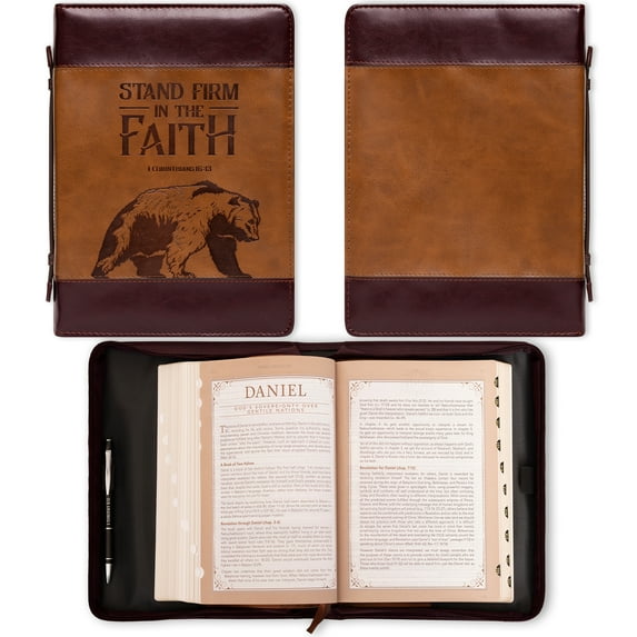 Christian Art Gifts Men's Classic Bible Cover Stand Firm in Faith Bear 1 Corinthians 16:13, Brown Faux Leather, Large