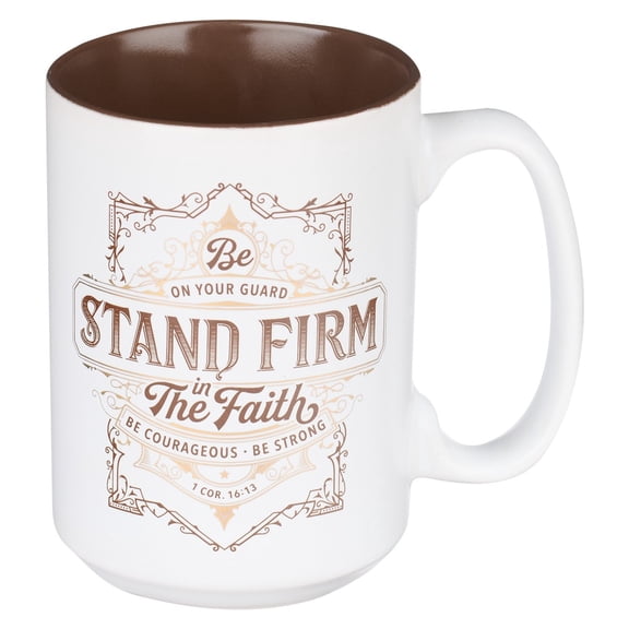 Christian Art Gifts Men's Large Ceramic Scripture Coffee & Tea Mug: Stand Firm in the Faith - 1 Cor. 16:13 Inspirational Bible Verse w/Gold, Non-toxic/Lead-free Novelty Drinkware, White/Brown, 14 oz.