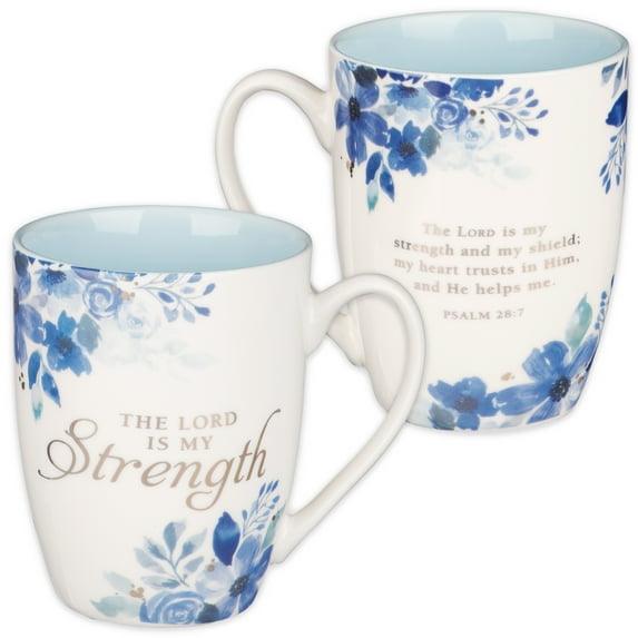 Christian Art Gifts Motivational Ceramic Coffee and Tea Mug for Women: The Lord is My Strength - Psalm 28:7 Bible Verse Novelty Inspiring Hot and Cold Beverage, Pastel Blue and White Floral, 12 oz.