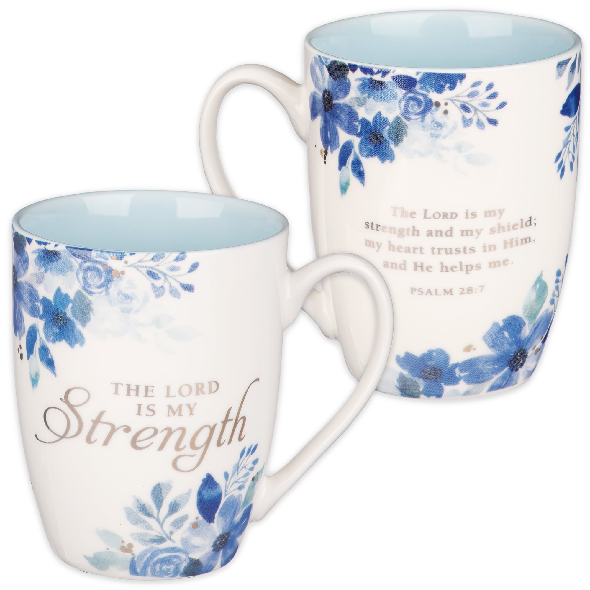 Blue Floral Ceramic Mug with Psalm 28:7 Verse, 12 oz