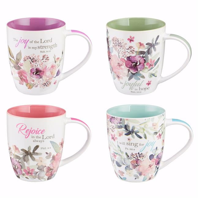 Floral Ceramic Mug Set with Scripture Verses, 4-Piece