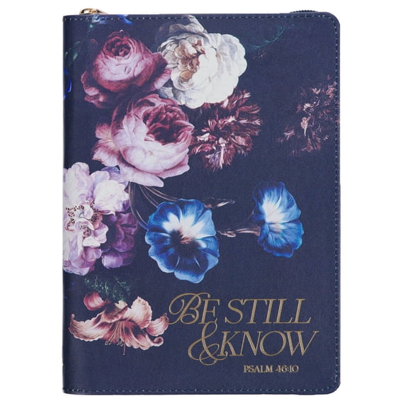 Christian Art Gifts Navy Blue Vegan Leather Zipped Journal, Inspirational Womens Notebook Be Still Scripture, Flexible Cover, 336 Ruled Pages, Ribbon Bookmark, Psalm 46:10 Bible Verse