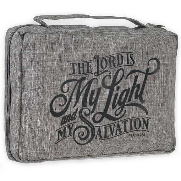 Christian Art Gifts Poly-canvas Bible Cover for Men & Women: The Lord is My Light - Psalm 27:1 Inspirational Bible Verse w/Secured Zippered Pocket & Pen Storage for Books & Supplies, Dark Gray, Medium