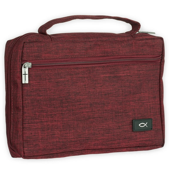 Christian Art Gifts Polyester Bible Cover for Men & Women w/ Jesus Fish Patch, Secure Zipper Pocket, Pen Loops, Ribbon Bookmark Markers, Easy Carry Stationery Book Case, Accessories, Burgundy, XL
