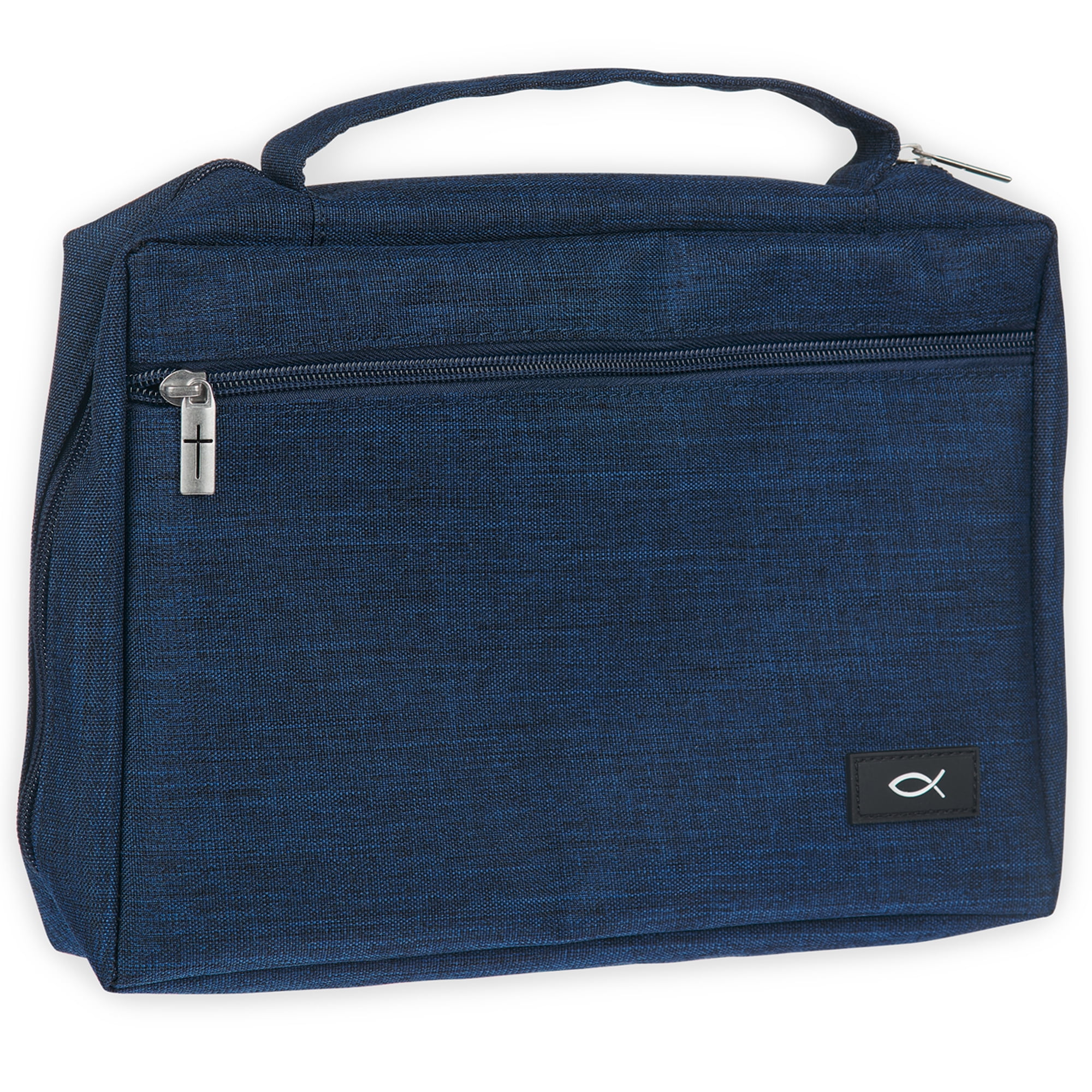 Christian Art Gifts Polyester Bible Cover for Men & Women w/ Jesus Fish Patch, Zipper Pocket, Pen Loops, Ribbon Bookmark Markers, Easy Carry Book Case for Stationery, Accessories, Navy Blue, Medium