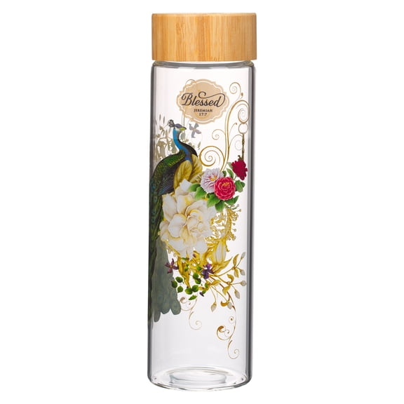 Christian Art Gifts Premium Cute Peacock Reusable Glass Water Bottle for Women: Blessed Inspirational Scripture w/ Bamboo Twist Cap Lid for Travel & Cold Beverages, Blue & Multicolor Floral, 22 oz.