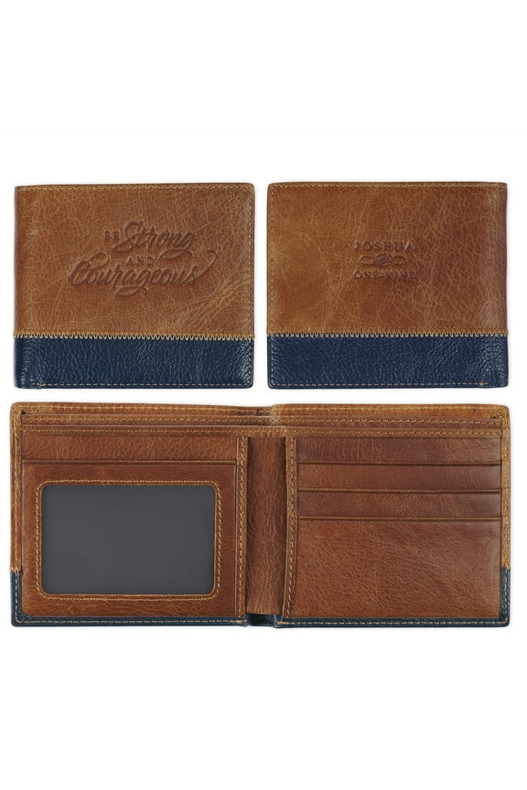 Premium Genuine Full-grain Leather Bifold Scripture Wallet for Men: Strong & Courageous Inspirational Bible Verse, RFID Blocking Safe for Cash, Credit & ID Cards, Brown & Navy Blue