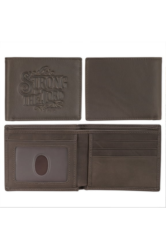 Premium Genuine Full-grain Leather Scripture Wallet for Men: Strong in the Lord Inspirational Bible Verse, RFID Blocking, Cash, Credit/ID Card Theft Protection, Multi Slots, Brown
