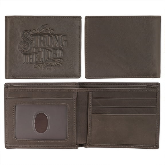 Christian Art Gifts Premium Genuine Full-grain Leather Scripture Wallet for Men: Strong in the Lord Inspirational Bible Verse, RFID Blocking, Cash, Credit/ID Card Theft Protection, Multi Slots, Brown