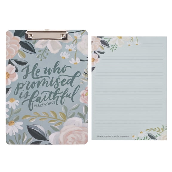 Christian Art Gifts 745689 Blue Floral Clipboard with Writing Pad - He Who Promised Is Faithful Hebrews 10-23