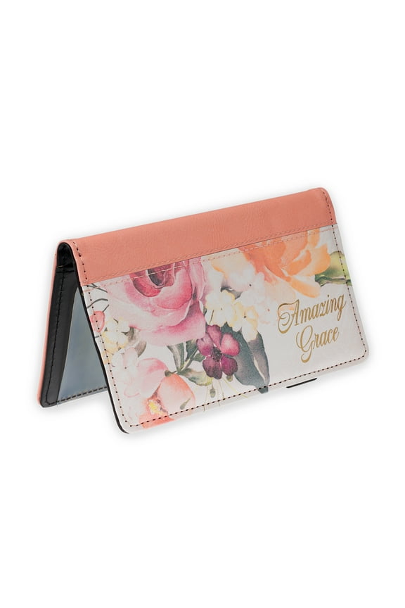 Premium Vegan Leather Checkbook Cover for Women: Amazing Grace Cute Inspirational Banking Accessory, Duplicate Checks, ID/Credit Cards, Pen Loop, Money Holder, White & Pink Floral