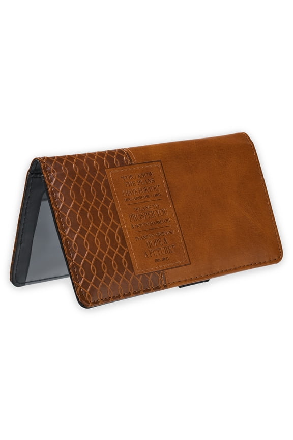 Premium Vegan Leather Checkbook Cover for Women & Men: I Know The Plans Inspirational Scripture for Duplicate Checks, Cards, Cash, Sturdy Heat-debossed Design & Pen Loop, Brown
