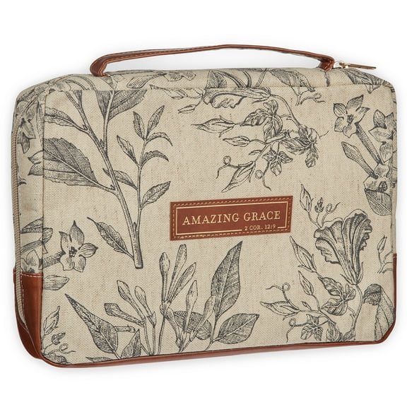 Christian Art Gifts Premium Vegan Leather Fashion Bible Cover for Women: Amazing Grace - 2 Cor. 12 Inspirational Scripture, Sturdy Protective Book Carry Case Bag Accessory, Creamy Brown Floral, Medium