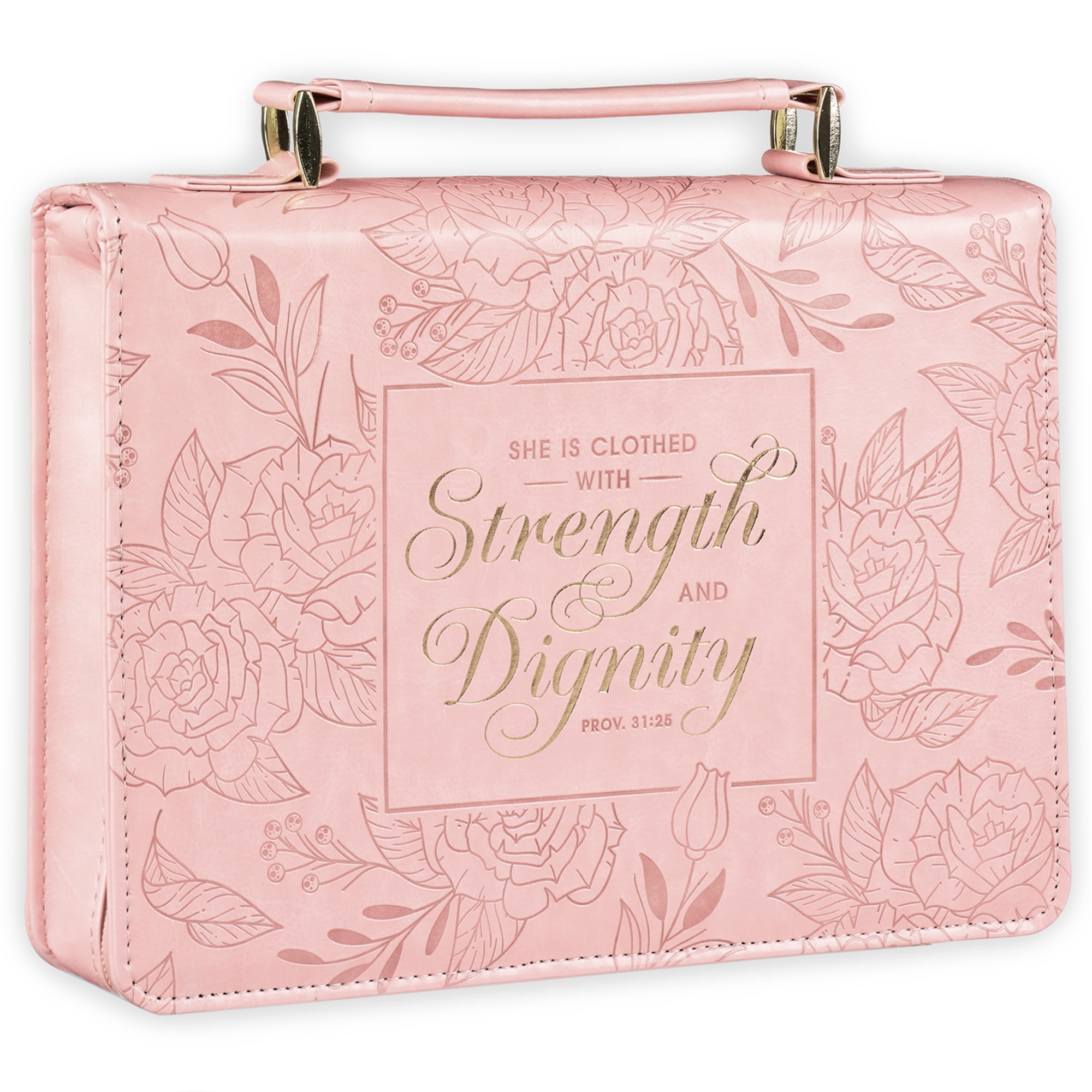 Christian Art Gifts Premium Vegan Leather Fashion Floral Bible Cover for Women: Strength & Dignity - Prov. 31:25 Inspirational Scripture Verse Carry Case w/Pockets & Pen Storage, Pink & Gold, Large