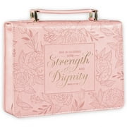 Christian Art Gifts Premium Vegan Leather Fashion Floral Bible Cover for Women Strength & Dignity - Prov. 3125 Inspirational Scripture Verse Carry Case w/Pockets & Pen Storage, Pink & Gold, Large