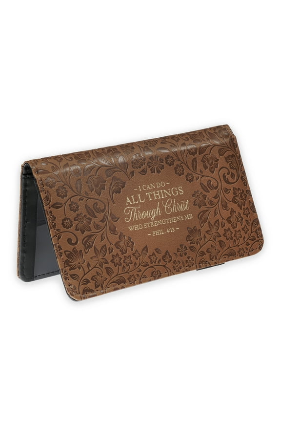 Premium Vegan Leather Floral Scripture Checkbook Cover for Women: All Things Through Christ Inspirational Bible Verse, Duplicate Checks, ID & Credit Cards, Pen Loop, Light Brown