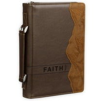 Christian Art Gifts Classic Premium Vegan Leather Inspirational Bible Cover for Men & Women: Faith Moves Mountains Encouraging Bible Verse, Easy Carry Zippered Case, Pen Loops, Pockets, Brown, Medium