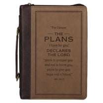 Christian Art Gifts Premium Vegan Leather Inspirational Bible Cover for Men & Women: I Know The Plans Encouraging Bible Verse, Easy Carry Zippered Case, Pen Loops, Pockets, Brown, Large