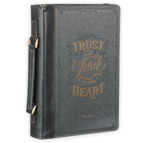 Christian Art Gifts Premium Vegan Leather Inspirational Bible Cover for Women: Trust in The Lord Encouraging Bible Verse, Easy Carry Zippered Case, Pen Loops, Pockets, Charcoal & Black, Large