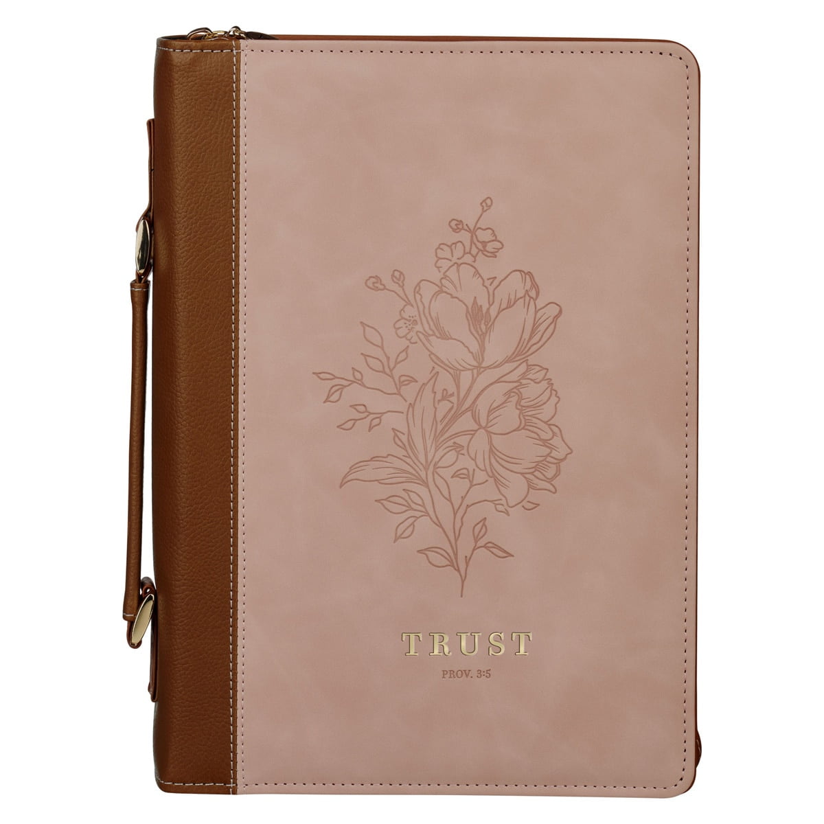 Christian Art Gifts Premium Vegan Leather Inspirational Bible Cover for Women: Trust in The Lord Encouraging Bible Verse, Easy Carry Zippered Case, Pen Loops, Pockets, Pink & Brown, Medium