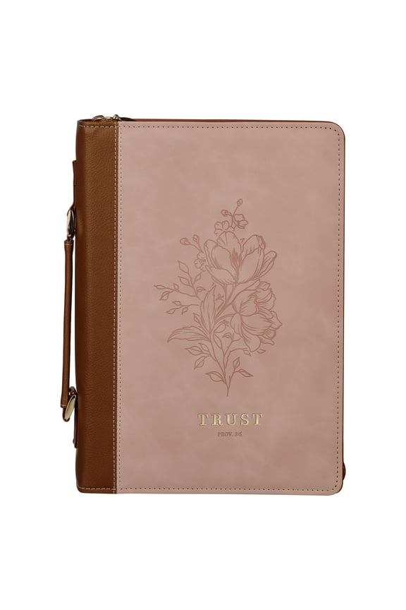 Premium Vegan Leather Inspirational Bible Cover for Women: Trust in The Lord Encouraging Bible Verse, Easy Carry Zippered Case, Pen Loops, Pockets, Pink & Brown, Medium