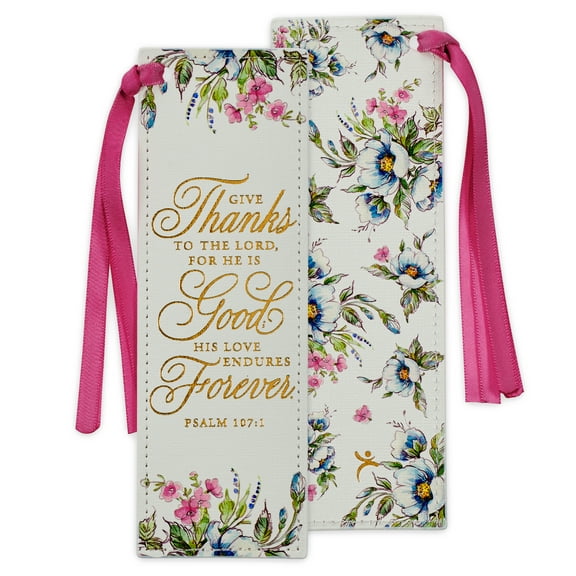 Christian Art Gifts Premium Vegan Leather Scripture Bookmark for Women: Give Thanks - Ps. 107:1 Inspirational Bible Verse, Creamy White & Cute Multicolor Floral w/Gold & Pink Satin Ribbon for Reading