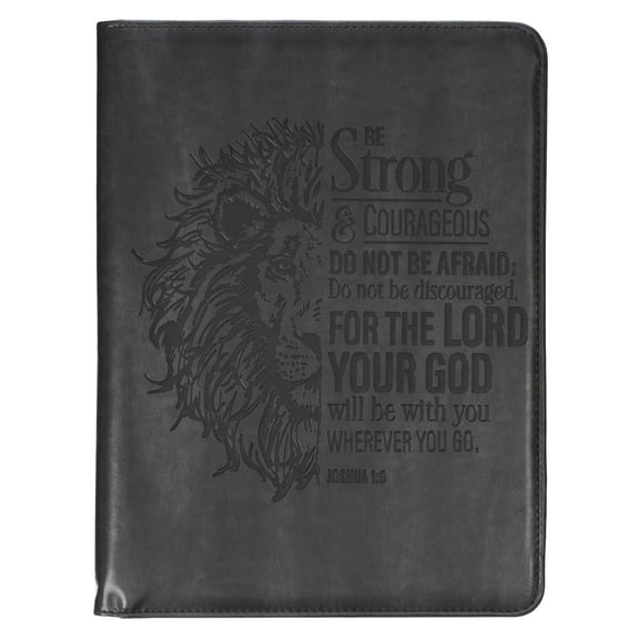 Christian Art Gifts Premium Vegan Leather Zippered Inspirational Scripture Portfolio for Men & Women: Strong & Courageous Lion, Padfolio Folder, Notepad, Pen/Highlighter Combo, Slots, Charcoal Black