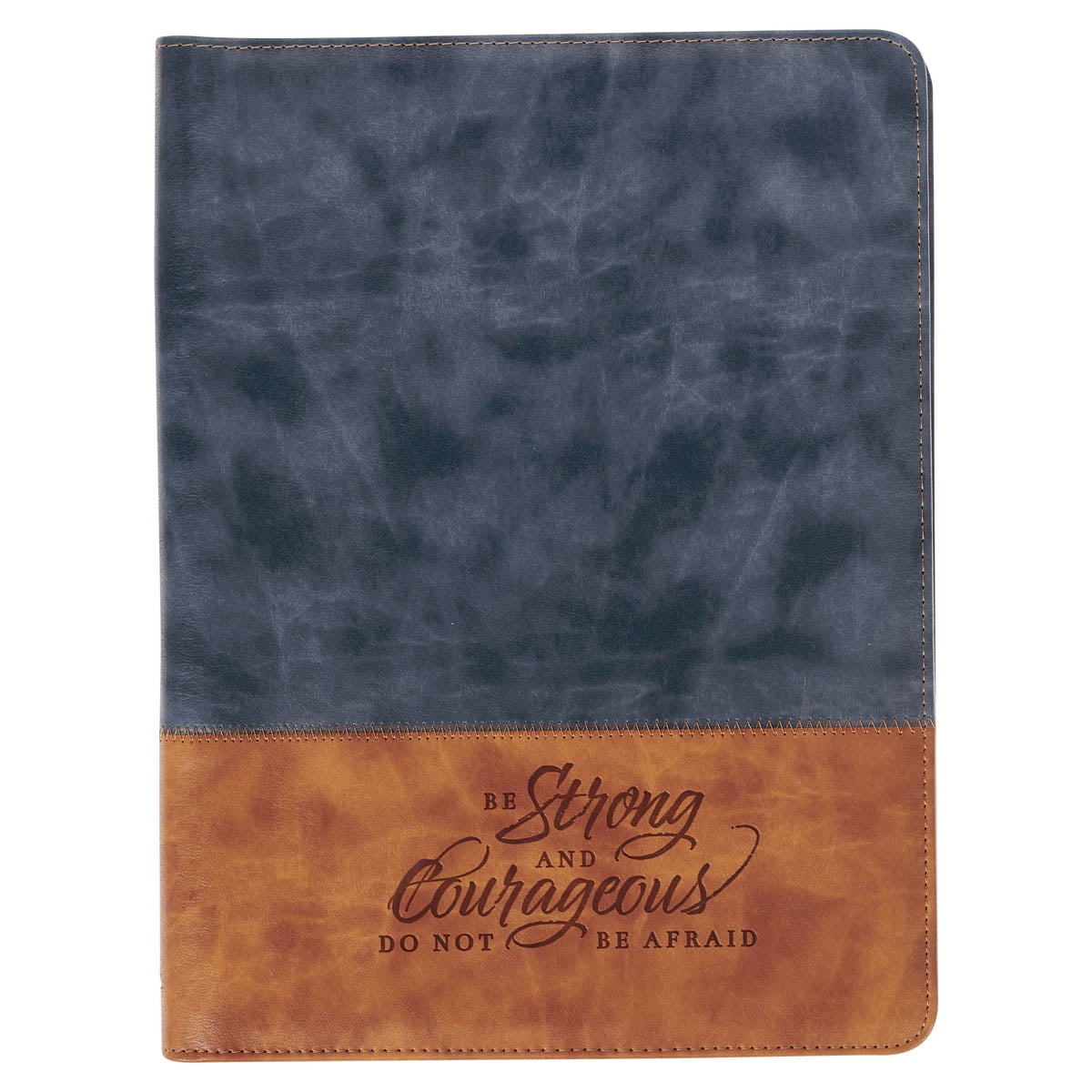 Christian Art Gifts Premium Vegan Leather Zippered Portfolio Padfolio for Men & Women: Strong & Courageous Encouraging Scripture w/ Pen/Highlighter Combo, Notepad, Card Slots, Navy Blue & Light Brown
