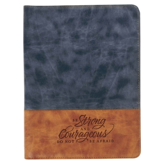 Christian Art Gifts Premium Vegan Leather Zippered Portfolio Padfolio for Men & Women: Strong & Courageous Encouraging Scripture w/ Pen/Highlighter Combo, Notepad, Card Slots, Navy Blue & Light Brown
