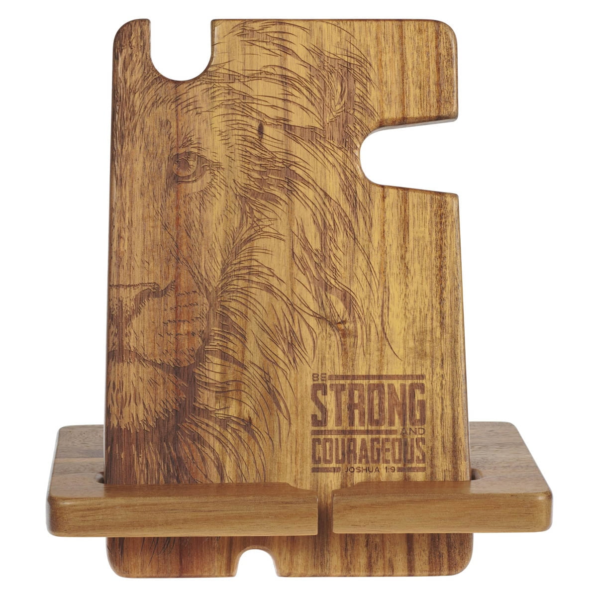 Christian Art Gifts Premium Wooden Personal Accessory Desk Supplies Organizer for Men & Women: Strong & Courageous, Acacia Wood Engraved Lion Face, Phone/Tablet Charging Stand Holder, Office Supplies