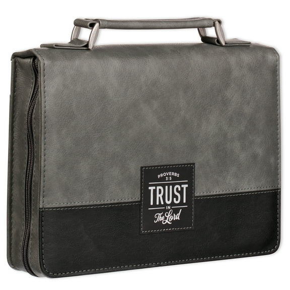 Christian Art Gifts Protective Charcoal Gray and Black Faux Leather Classic Bible Cover for Men: Trust in the Lord - Proverbs 3:5 Inspirational Bible Verse Carry Case with Handle Zippered, Large