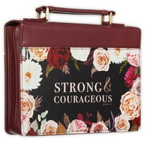 Christian Art Gifts Protective Faux Leather Fashion Bible Cover Carry Case with Handle for Women: Strong and Courageous - Joshua 1:9 Inspirational Bible Verse - Merlot Floral Rose Bouquet, Large