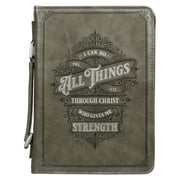 Christian Art Gifts Protective Gray Faux Leather Classic Bible Cover Carry Case: All Things Through Christ - Philippians 4:13 Bible Verse with Zipper and Pocket, Medium