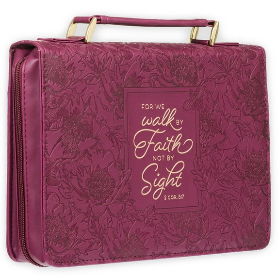 Christian Art Gifts Protective Maroon Floral Faux Leather Bible Cover Carry Case with Handle for Women: Walk by Faith - 2 Corinthians 5:7 Inspirational Bible Verse Zippered with Pocket, Large