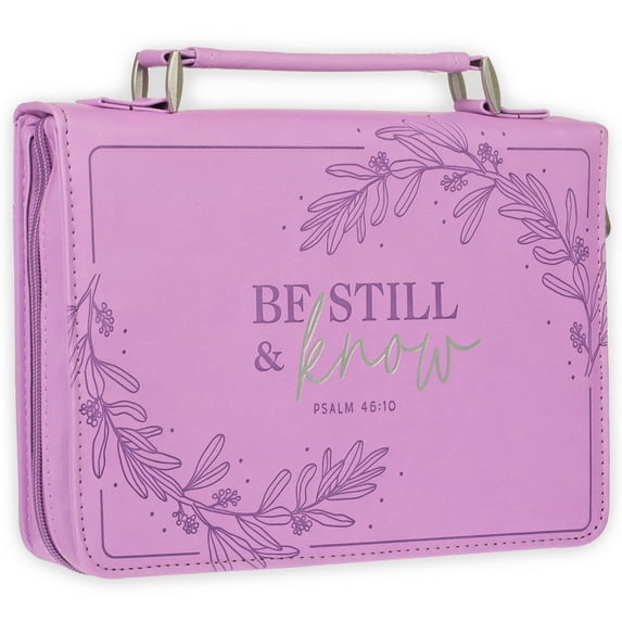 Christian Art Gifts Protective Purple Floral Faux Leather Fashion Bible Cover Carry Case with Handle for Women: Be Still and Know - Psalm 46:11 Inspirational Bible Verse, Large