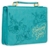Christian Art Gifts Protective Teal Flower Faux Leather Bible Cover Carry Case with Handle for Women: Amazing Grace - Inspirational Song and Hymn Zippered with Pocket, Medium
