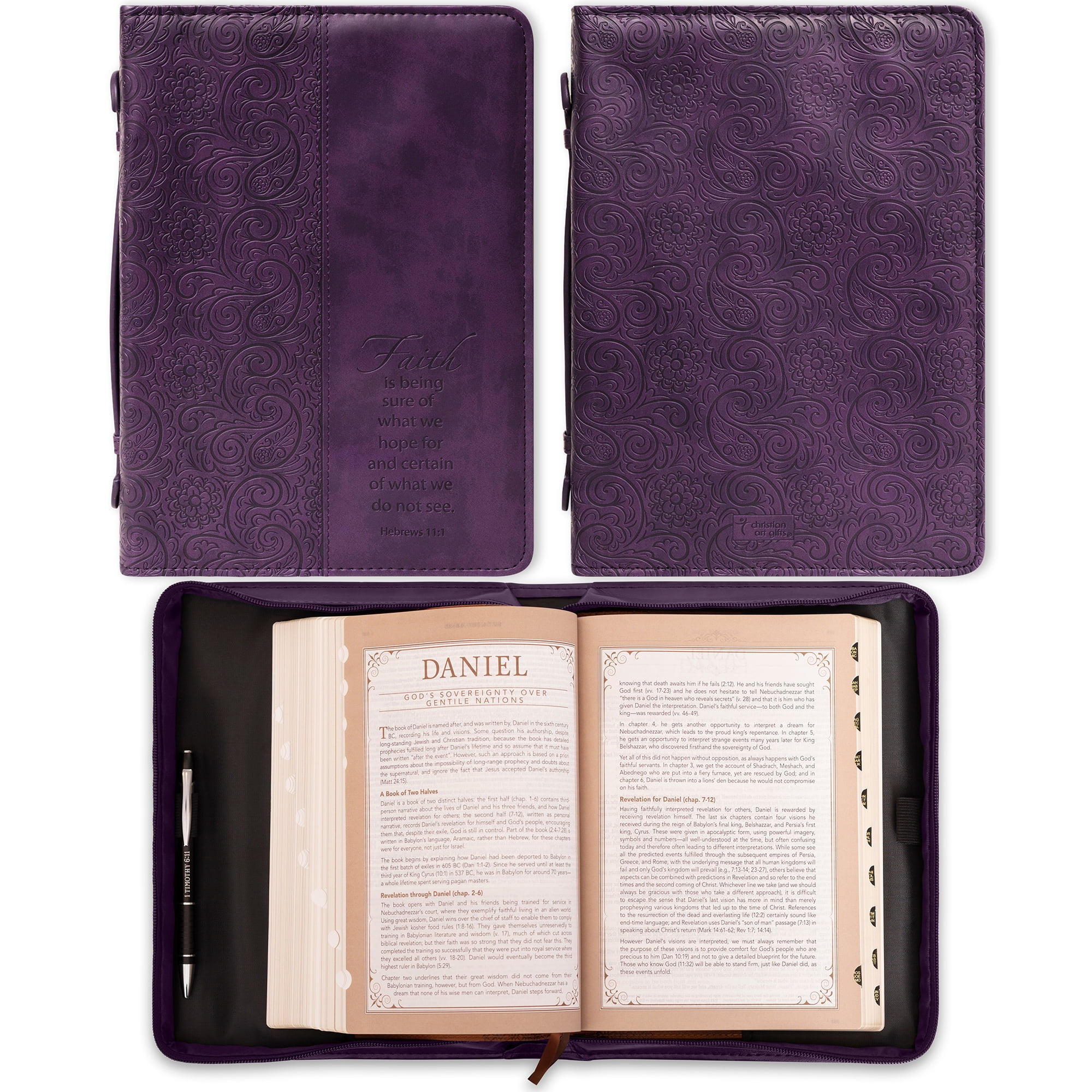 Christian Art Gifts Purple Faux Leather Bible Cover for Women Faith Purple Paisley- Hebrews 11:1 Zippered Case for Bible or Book w/Handle, Large Christian Art Gifts