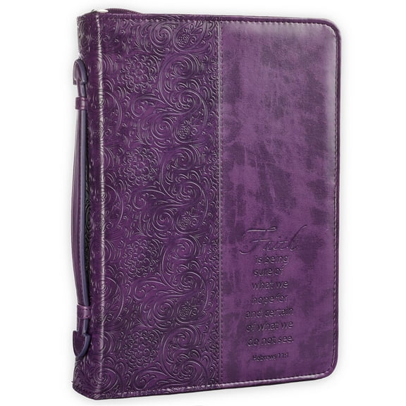Christian Art Gifts Purple Faux Leather Bible Cover for Women  Faith Purple Paisley- Hebrews 11:1  Zippered Case for Bible or Book w/Handle, Extra Large