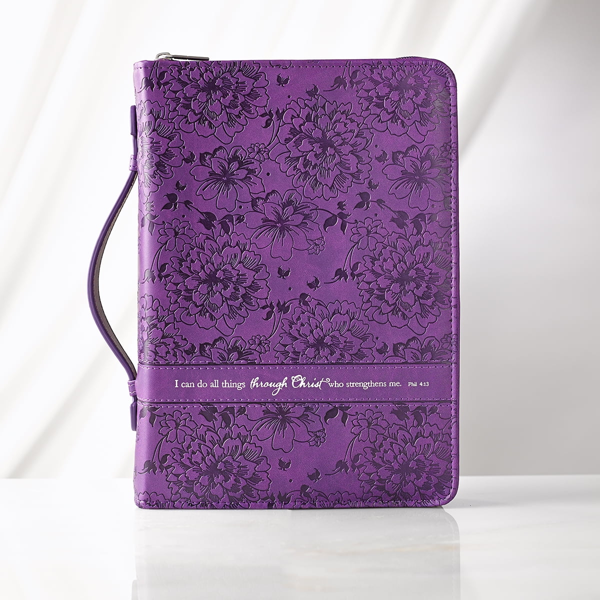 Christian Art Gifts Purple Faux Leather Bible Cover for Women  All Things Through Christ- Philippians 4:13  Zippered Case for Bible or Book w/Handle Christian Art Gifts