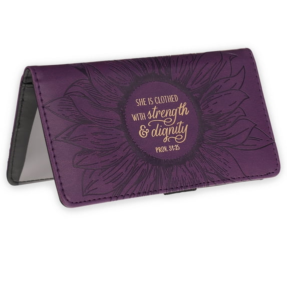 Christian Art Gifts Purple Faux Leather Checkbook Cover for Women with Inspirational Scripture, Strength/Dignity
