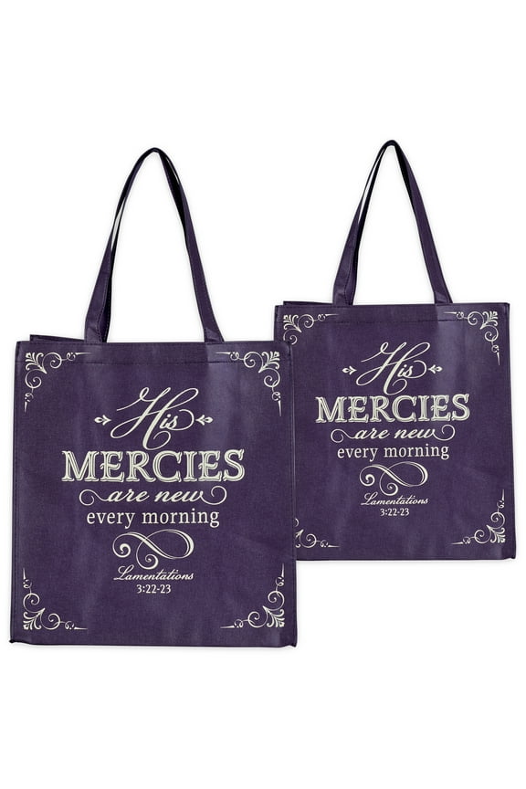 Reusable Fashion Shopping Tote Bag for Women: His Mercies Are New Every Morning - Lamentations 3:22 Inspirational Bible Verse Durable Handbag for Groceries, Books, Supplies, Purple