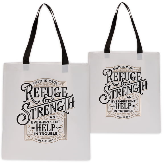 Christian Art Gifts Reusable Fashion Shopping Tote Bag for Women: Refuge & Strength - Psalm 46:1 Cute Durable Bible Verse Handbag Easy-hold & Collapsible for Groceries, Books, Supplies, Black & White