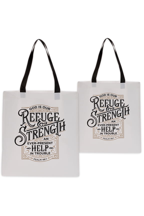 Reusable Fashion Shopping Tote Bag for Women: Refuge & Strength - Psalm 46:1 Cute Durable Bible Verse Handbag Easy-hold & Collapsible for Groceries, Books, Supplies, Black & White