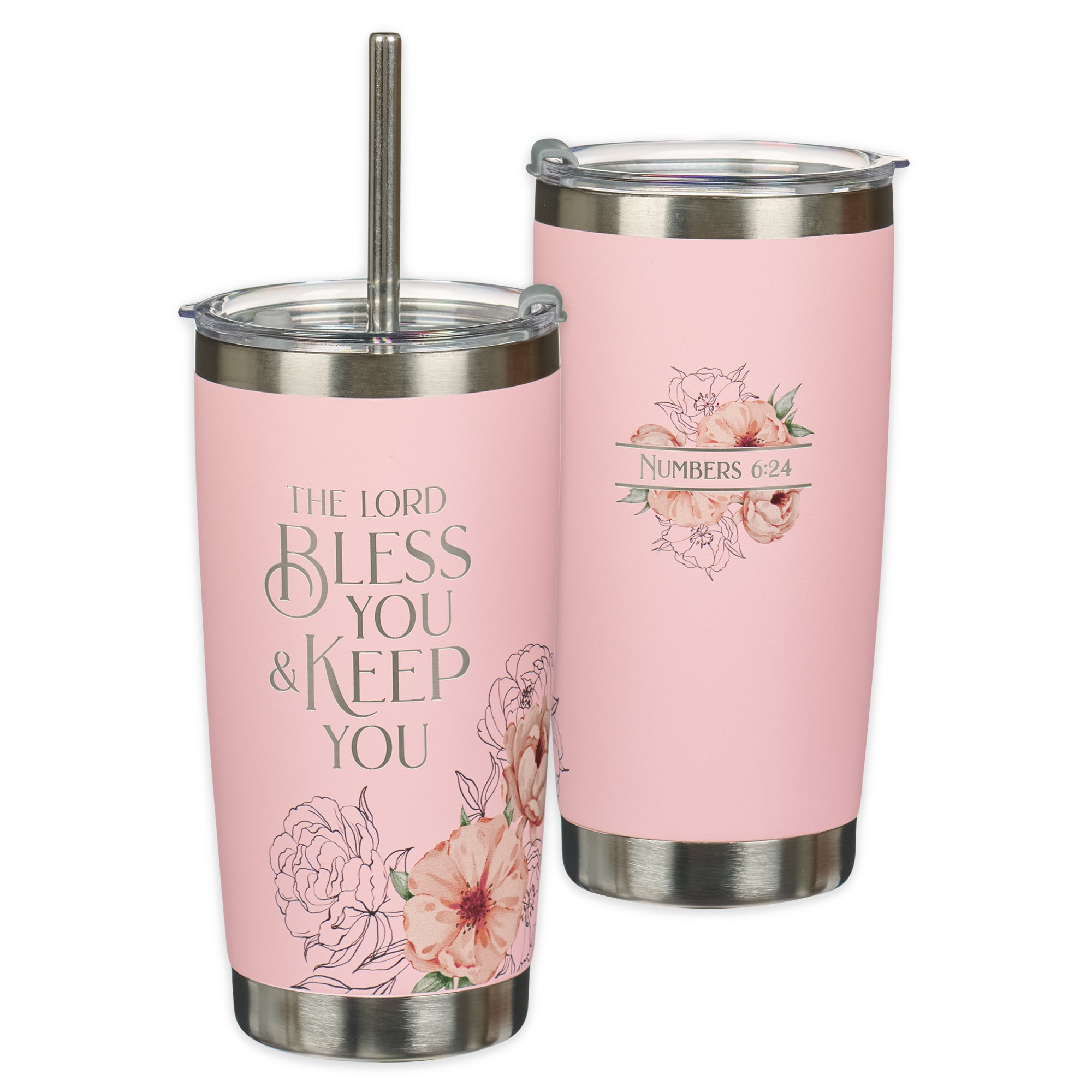 Christian Art Gifts Reusable Stainless Steel Scripture Travel Mug Tumbler w/Straw for Women: Bless You & Keep You Bible Verse, Double Wall Vacuum Insulated, Pop-up Lid, Hot/Cold, Pink Floral, 18 oz.