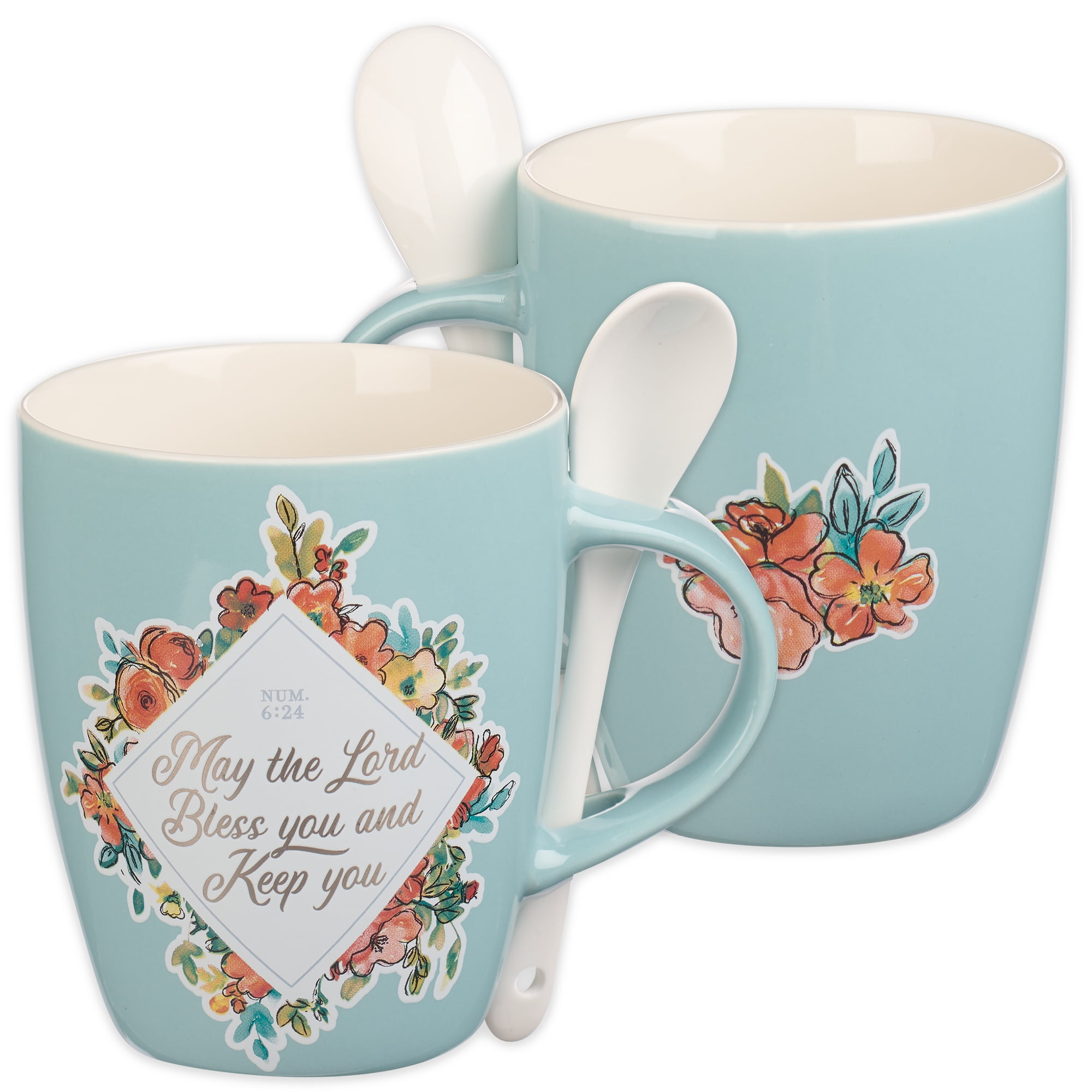 Teal and White Ceramic Mug with Inspirational Scripture and Spoon