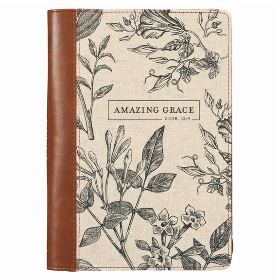 Christian Art Gifts Scripture Journal Brown/Cream Floral Printed Amazing Grace 2 Cor. 12:9 Bible Verse Inspirational Fau, (Hardcover)