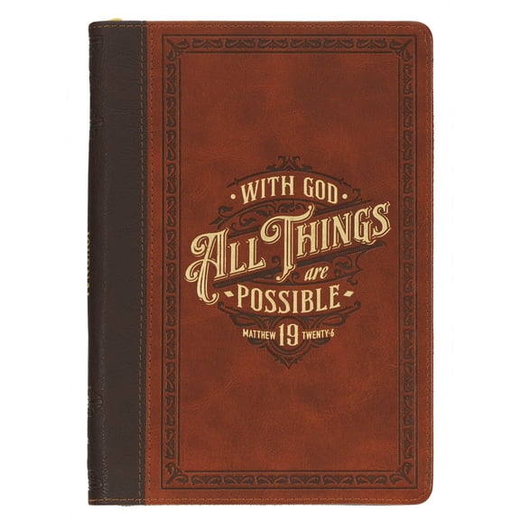 Christian Art Gifts Scripture Journal Brown All Things Matthew 19:26 Bible Verse Inspirational Faux Leather Notebook, Zipper Closure, 336 Ruled Pages, Ribbon