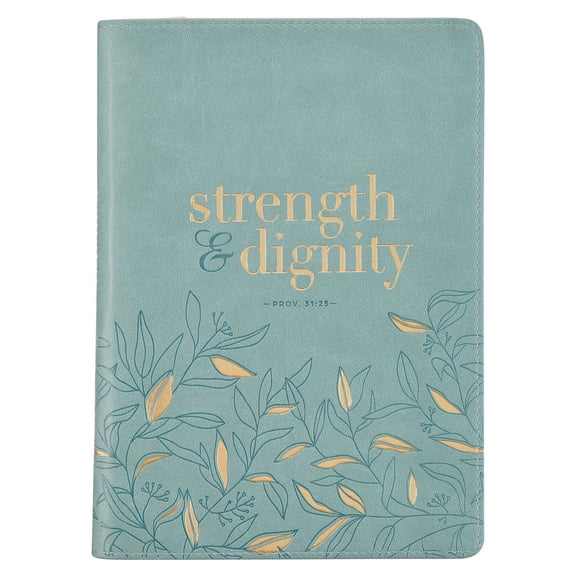 Christian Art Gifts Scripture Journal Strength Dignity Proverbs 31:25 Bible Verse Inspirational Faux Leather Notebook, Zipper Closure, 336 Ruled Pages, Ribbon