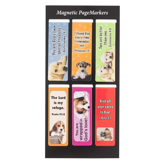 Christian Art Gifts Set of 6 Puppy Faces (Style #1) Magnetic Bible Verse Bookmark with Scripture and Inspiration, Size Small 2.3" x .75"