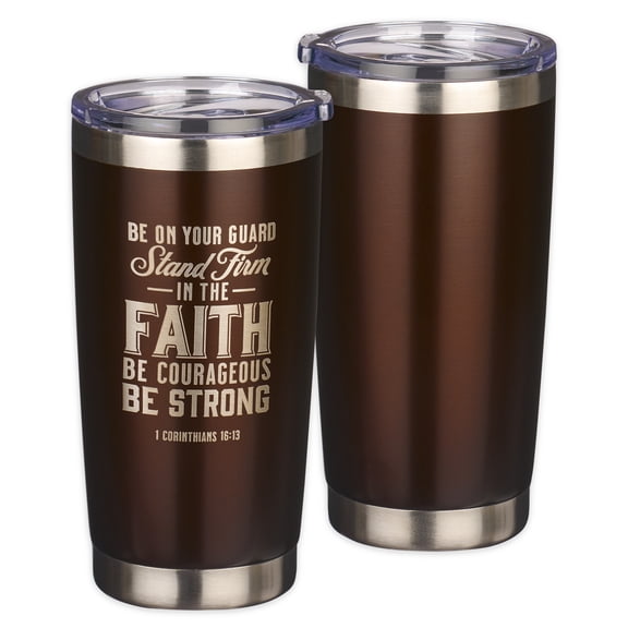 Christian Art Gifts Stainless Steel Double Wall Vacuum Insulated Travel Mug Tumbler for Women & Men: Stand Firm - 1 Cor. 16:13 Bible Verse, Non-toxic, BPA-free, Clean Hot/Cold Drinkware, Brown, 18 oz.